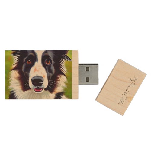 Close Up Dog Portrait Cute Border Collie Wood Flash Drive