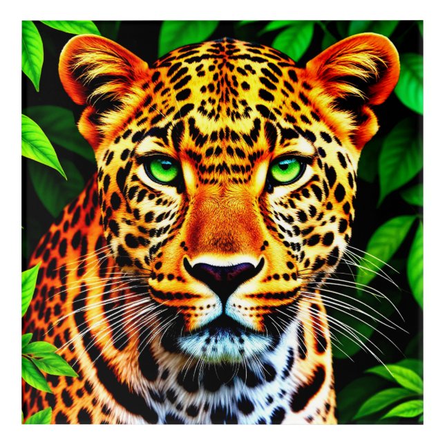 Close-Up Jaguar Leopard Face with Green Eyes Acrylic Print (Front)