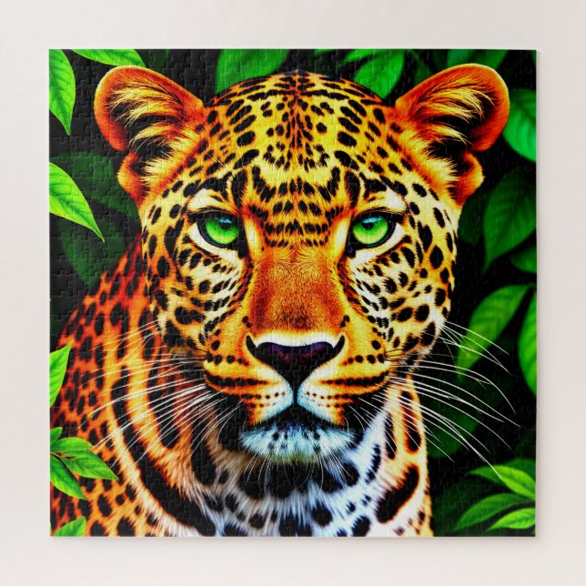 Close-Up Jaguar Leopard Face with Green Eyes Jigsaw Puzzle (Vertical)