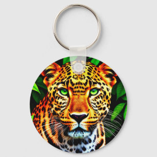 Close-Up Jaguar Leopard Face with Green Eyes Keychain
