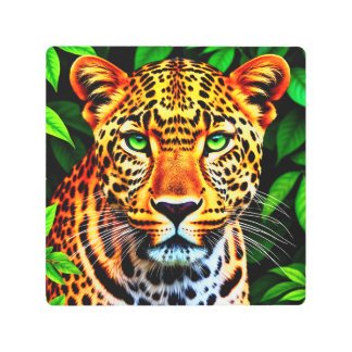 Close-Up Jaguar Leopard Face with Green Eyes Metal Print
