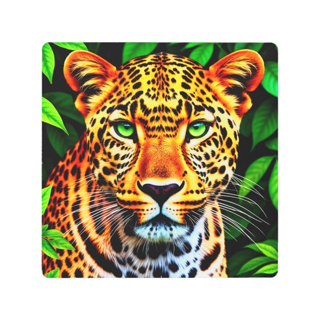 Close-Up Jaguar Leopard Face with Green Eyes Metal Print (Front)