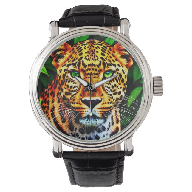 Close-Up Jaguar Leopard Face with Green Eyes Watch (Front)