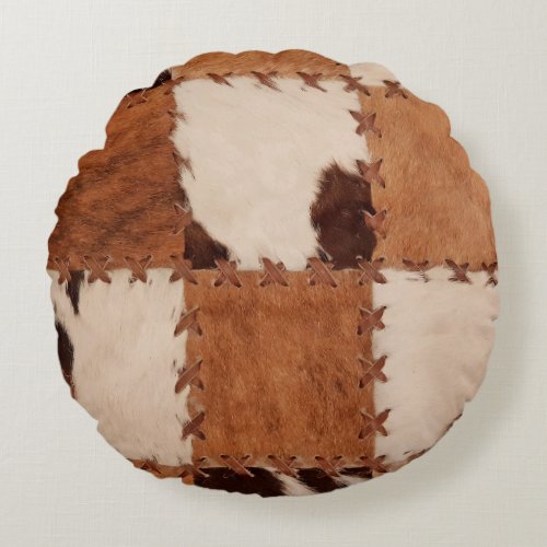 Close up leather patchwork textured background round pillow
