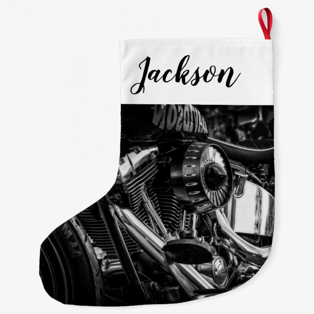 Close Up Motorcycle Engine Large Christmas Stocking (Back)