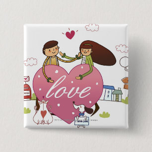 Close-up of a couple holding a heart shape pinback button