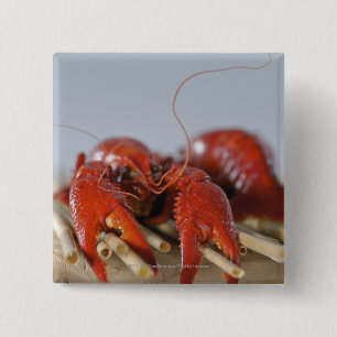 Close-up of a crab on sticks pinback button