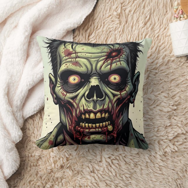 Close Up of a Pop Art Zombie Halloween Throw Pillow (Blanket)