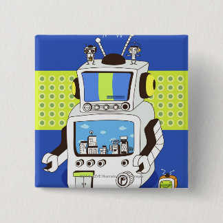 Close-up of a robot pinback button