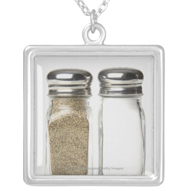 Close-up of a salt and a pepper shaker silver plated necklace (Front)