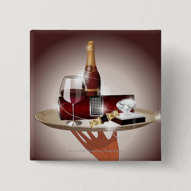 Close-up of a waiter's hand holding a tray pinback button (Front)
