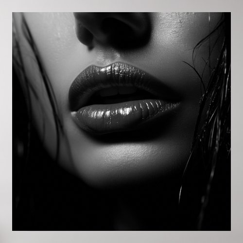 Close up of a womans parted lips BW photo Poster