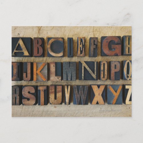 Close up of alphabet on letterpress 2 postcard