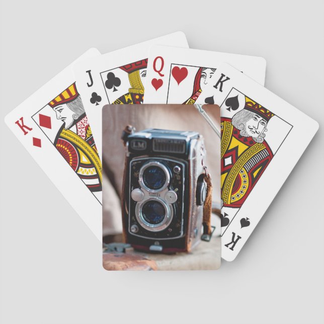 Close-up of an antique camera poker cards (Back)