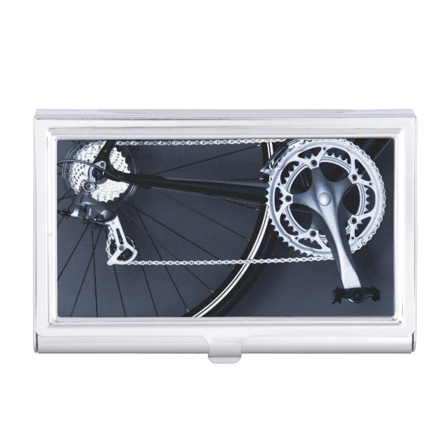 Close up of bicycle chain, pedal and gears business card holder (Front)
