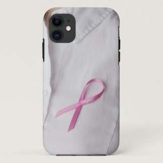 Close up of Breast Cancer Awareness Ribbon on iPhone 11 Case