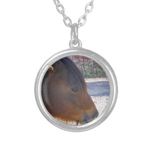 Close up of Brown horse, Little Brown Pony Silver Plated Necklace