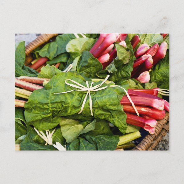Close-up of bunches of rhubarb in basket postcard (Front)