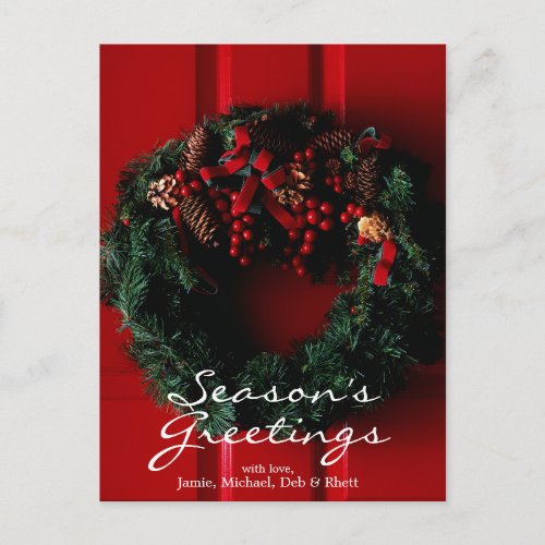 close_up of Christmas wreath hanging on a door Holiday Postcard