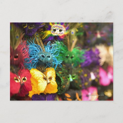 Close_up of colorful miniature masks in a New Postcard