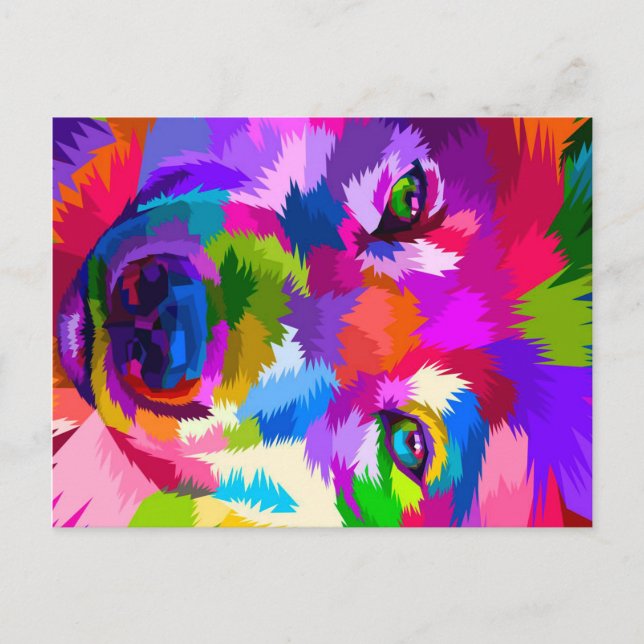 close up of colorful wolf holiday postcard (Front)