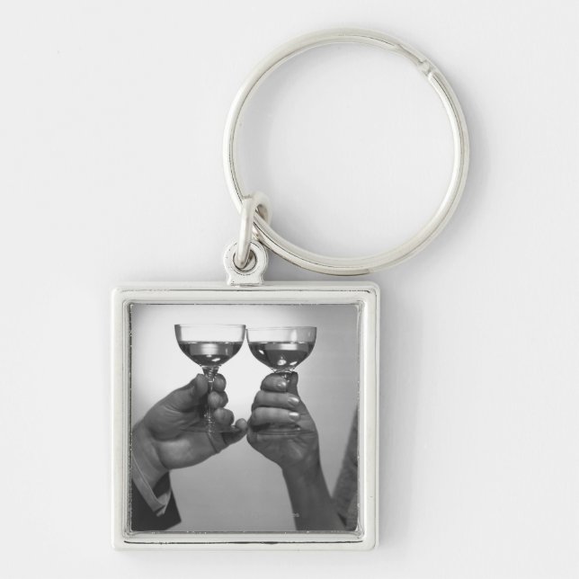 Close up of couple toasting with white wine B&W Keychain (Front)