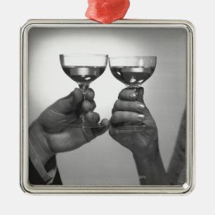 Close up of couple toasting with white wine B&W Metal Ornament