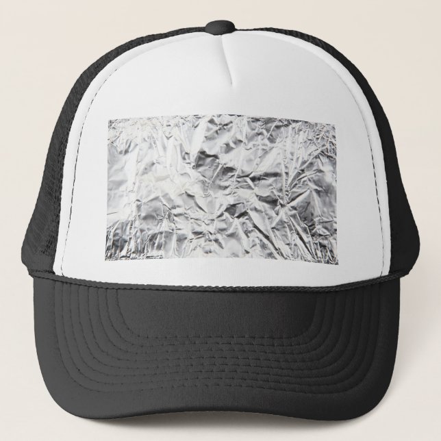 Close-Up Of Crumpled Aluminum Foil Trucker Hat (Front)