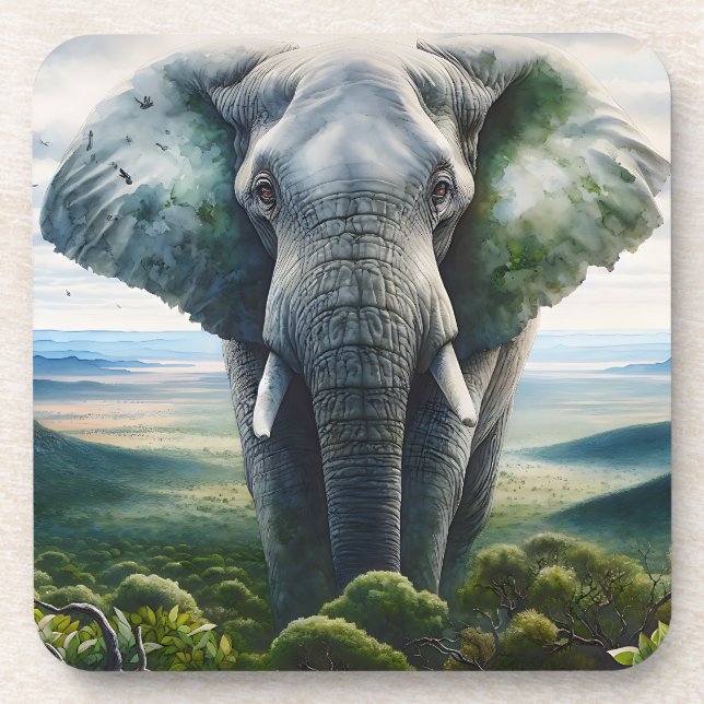 Close up of Elephant Face, Tusks, Trunk Beverage Coaster (Front)