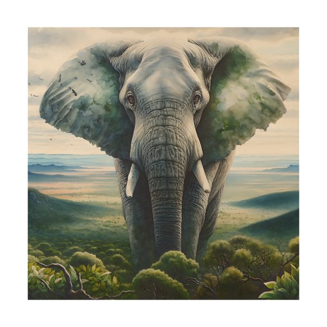 Close up of Elephant Face, Tusks, Trunk Wood Wall Art (Front)