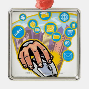 Close-up of hand on computer mouse metal ornament