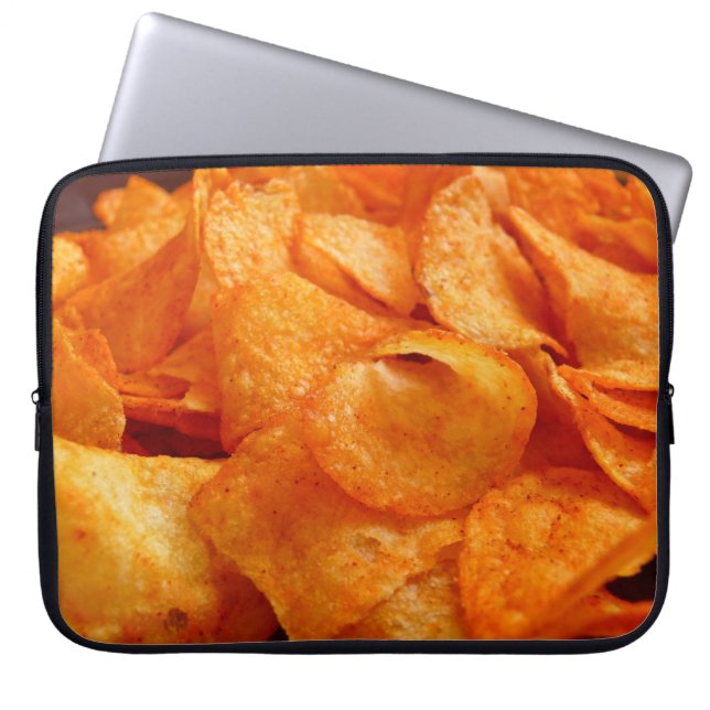 Close up of juicy, crispy, chips on black plate. laptop sleeve (Front)