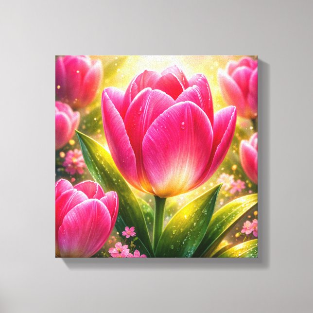 Close-up of Pink Tulips with Dew and Sunlight Glow Canvas Print (Front)