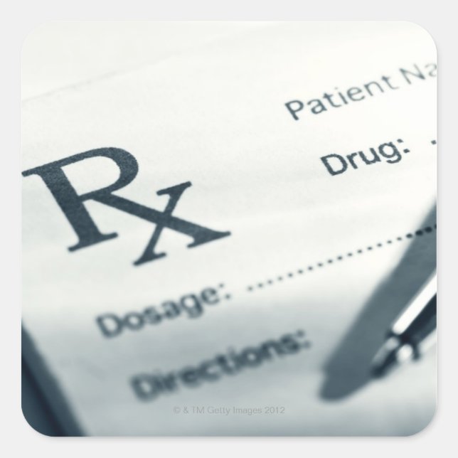 Close up of prescription pad and pen square sticker (Front)