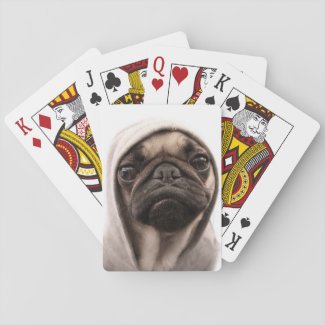 Close up of pug wearing hoodie. playing cards
