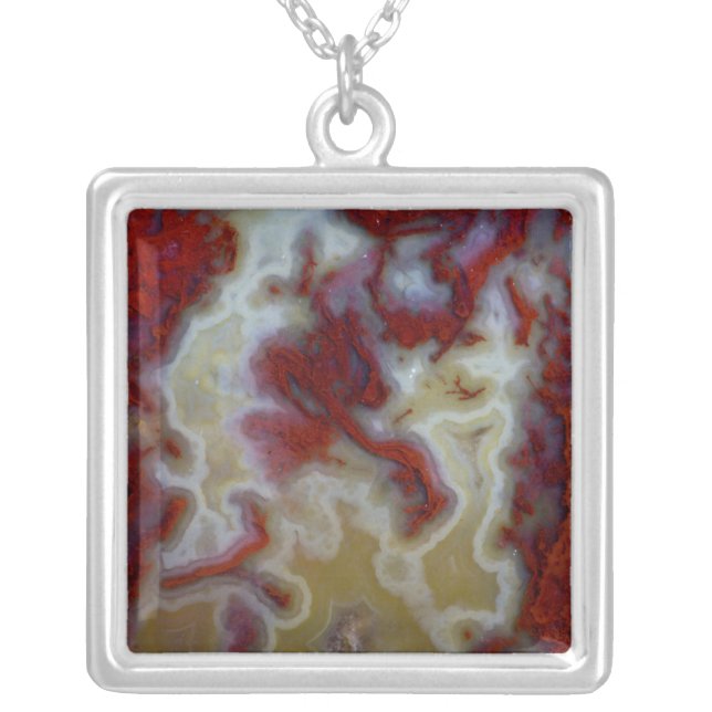 Close up of Red Moss Agate Slab Silver Plated Necklace (Front)