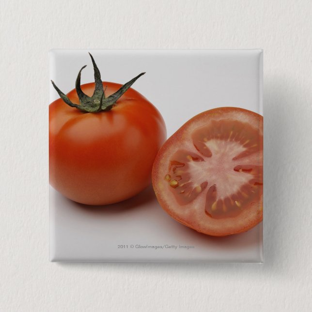 Close-up of two tomatoes pinback button (Front)