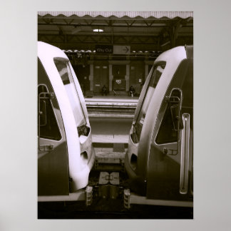 Close-Up of Two Trains at Railway Station Platform Poster