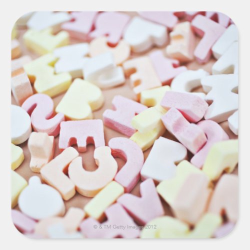 Close up of vibrant candy alphabet square sticker