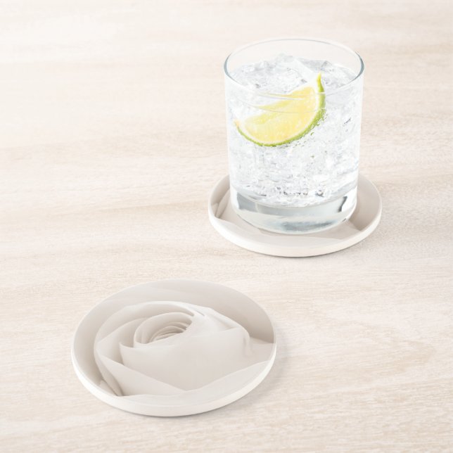 Close up of White Rose Petals Sandstone Coaster (Side)