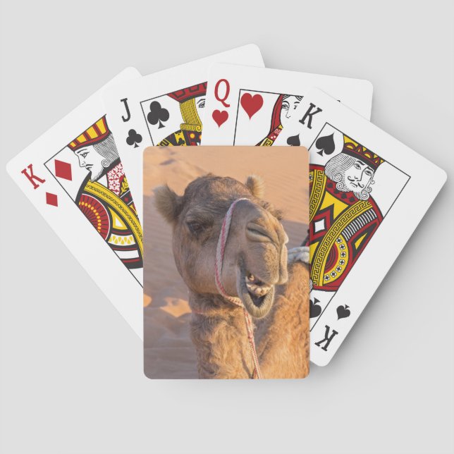 Close-up on funny camel head in Oman Wahiba desert Poker Cards (Back)