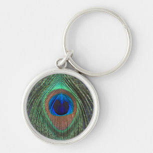 Close Up Peacock Feather on Grey Small Premium Key Keychain