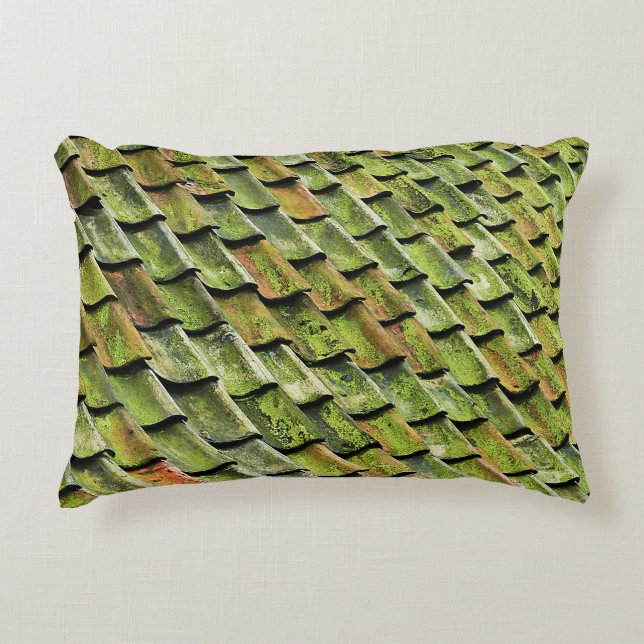 Close-up photo of green shingle roof accent pillow (Front)