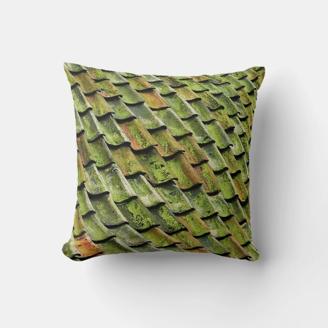 Close-up photo of green shingle roof throw pillow (Front)