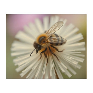 Close-Up Photography of Bees on Flowers Wood Wall Art