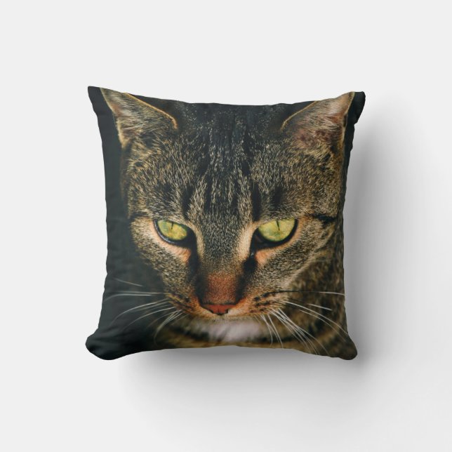 CLOSE-UP PHOTOGRAPHY OF GRAY TABBY CAT THROW PILLOW (Front)
