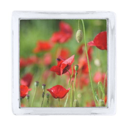 Close up Poppies in Field Silver Finish Lapel Pin