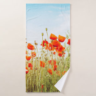 Close up poppies on field. Wild flowers in springt Bath Towel