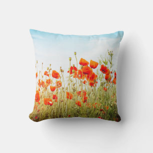 Close up poppies on field. Wild flowers in springt Throw Pillow