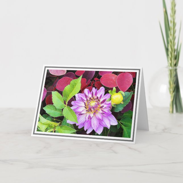 Close-up Purple Dahlia Green & Red Foliage Card (Front)